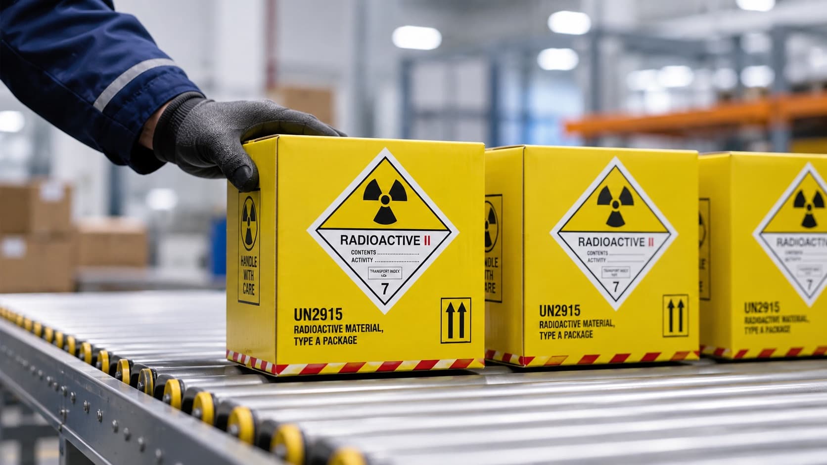 Gelbe Versandstücke mit UN2915-Kennzeichnung für radioaktives Material auf einer Förderstrecke